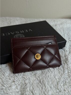 Versace Quilted Card Holder in Burgundy with Gold Medusa Button